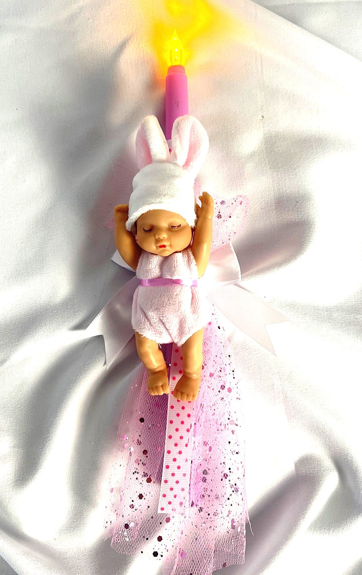 Flameless Battery Easter Candle - Baby Figurines - Lambatha / Palm Sunday 28cm (SMALL)