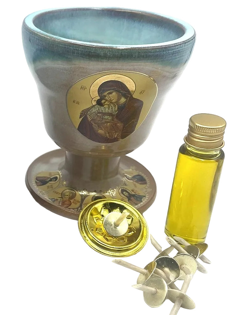 Ceramic Chalice Shaped Oil Vigil Lamp - Kandili (Beige/Blue)