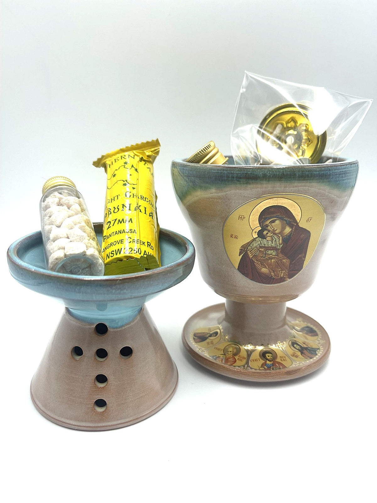 Ceramic Chalice Shaped Oil Vigil Lamp - Kandili (Beige/Blue)