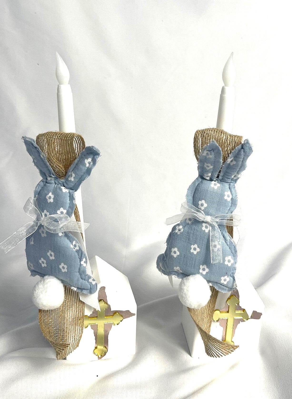 Flameless Easter Candle - Stuffed Bunny Blue Floral Lambatha / Palm Sunday 28cm (SMALL)