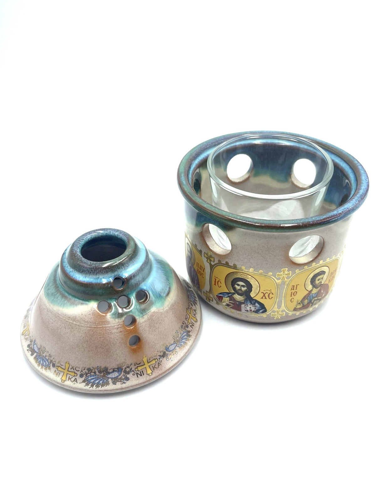 Covered Ceramic Vigil Kandili - Multi Saint (Beige/Blue)