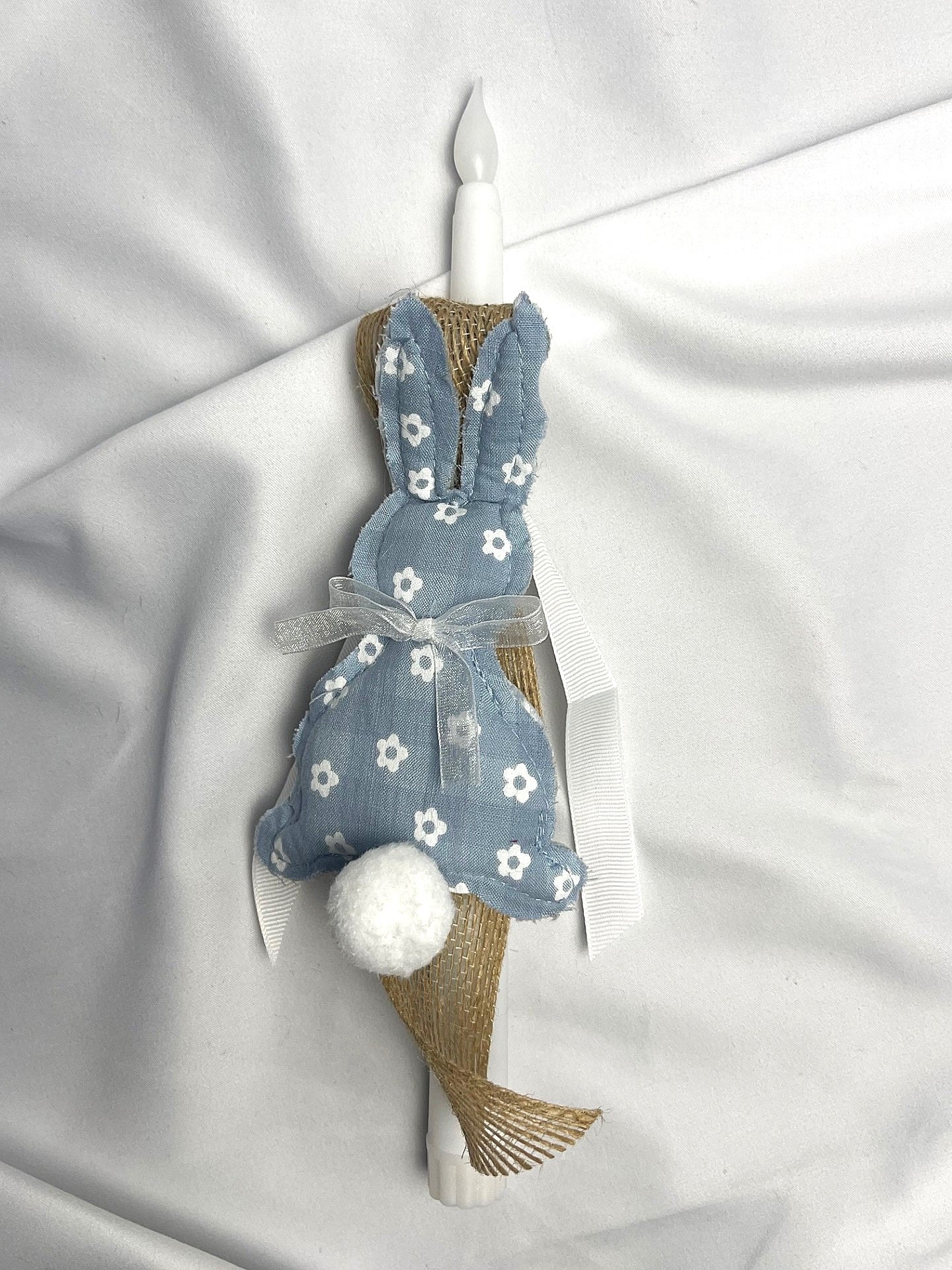 Flameless Easter Candle - Stuffed Bunny Blue Floral Lambatha / Palm Sunday 28cm (SMALL)