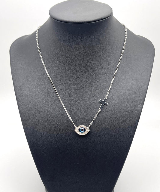 925 Sterling Silver Evil Eye/Cross Necklace - Christian Jewellery - Faith - Protection