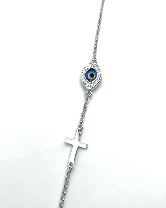 925 Sterling Silver Evil Eye / Cross Bracelet - Women's - Christian Jewellery - Faith - Religious - Gift for her