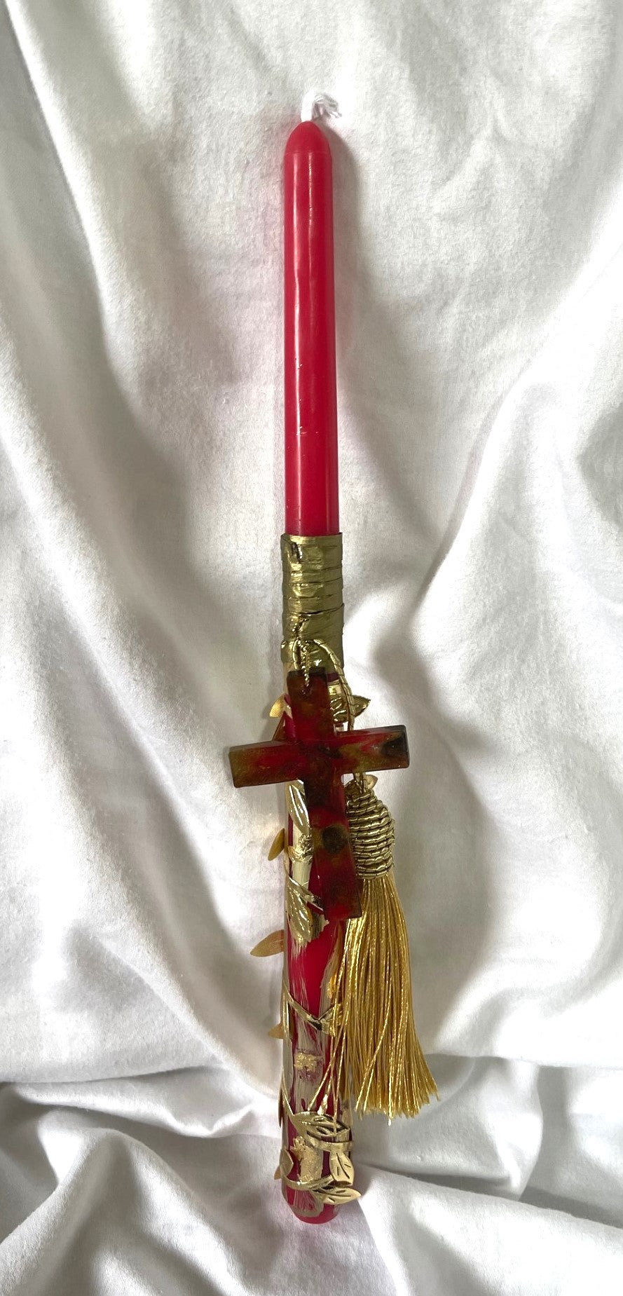 Red/Gold Cross Lambatha Orthodox Easter Candle 30cm