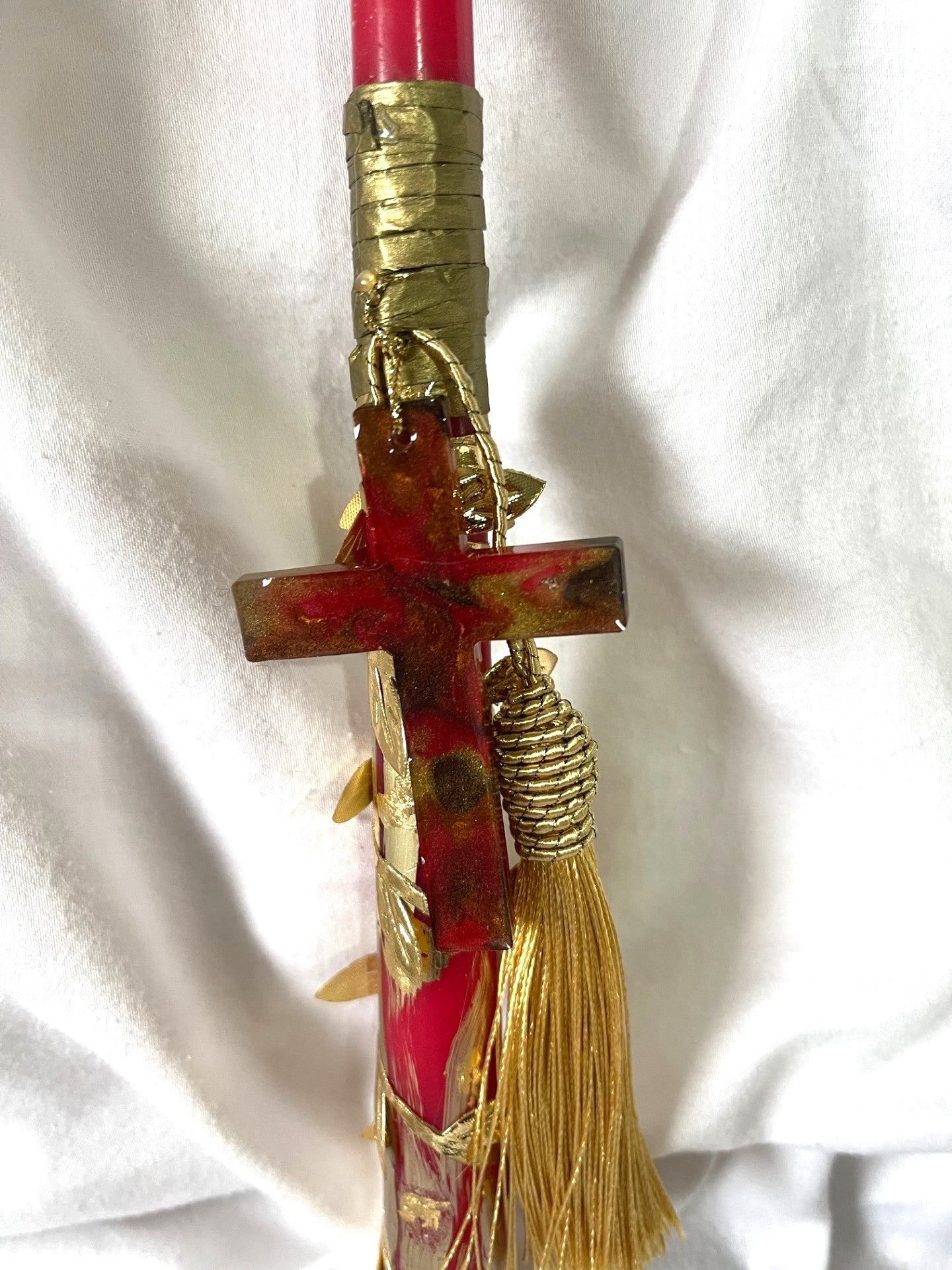 Red/Gold Cross Lambatha Orthodox Easter Candle 30cm