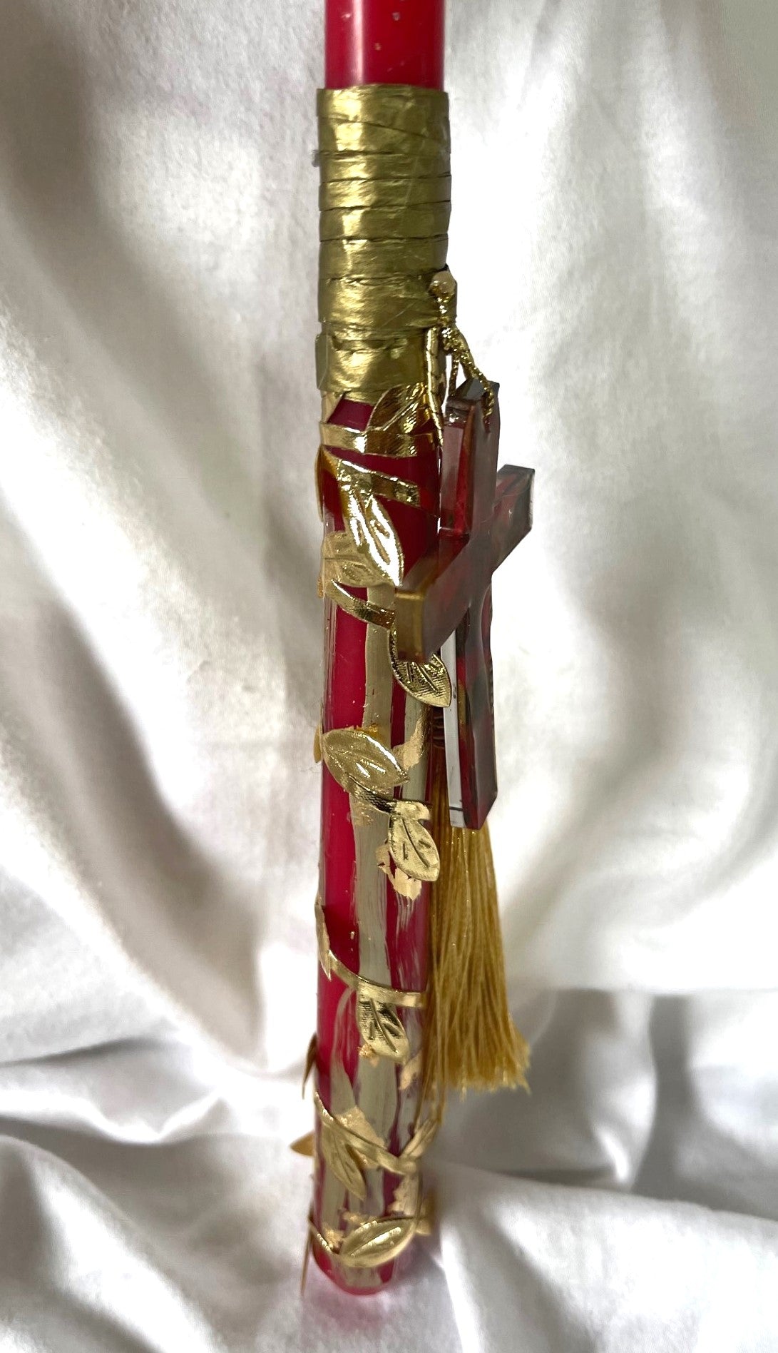 Red/Gold Cross Lambatha Orthodox Easter Candle 30cm