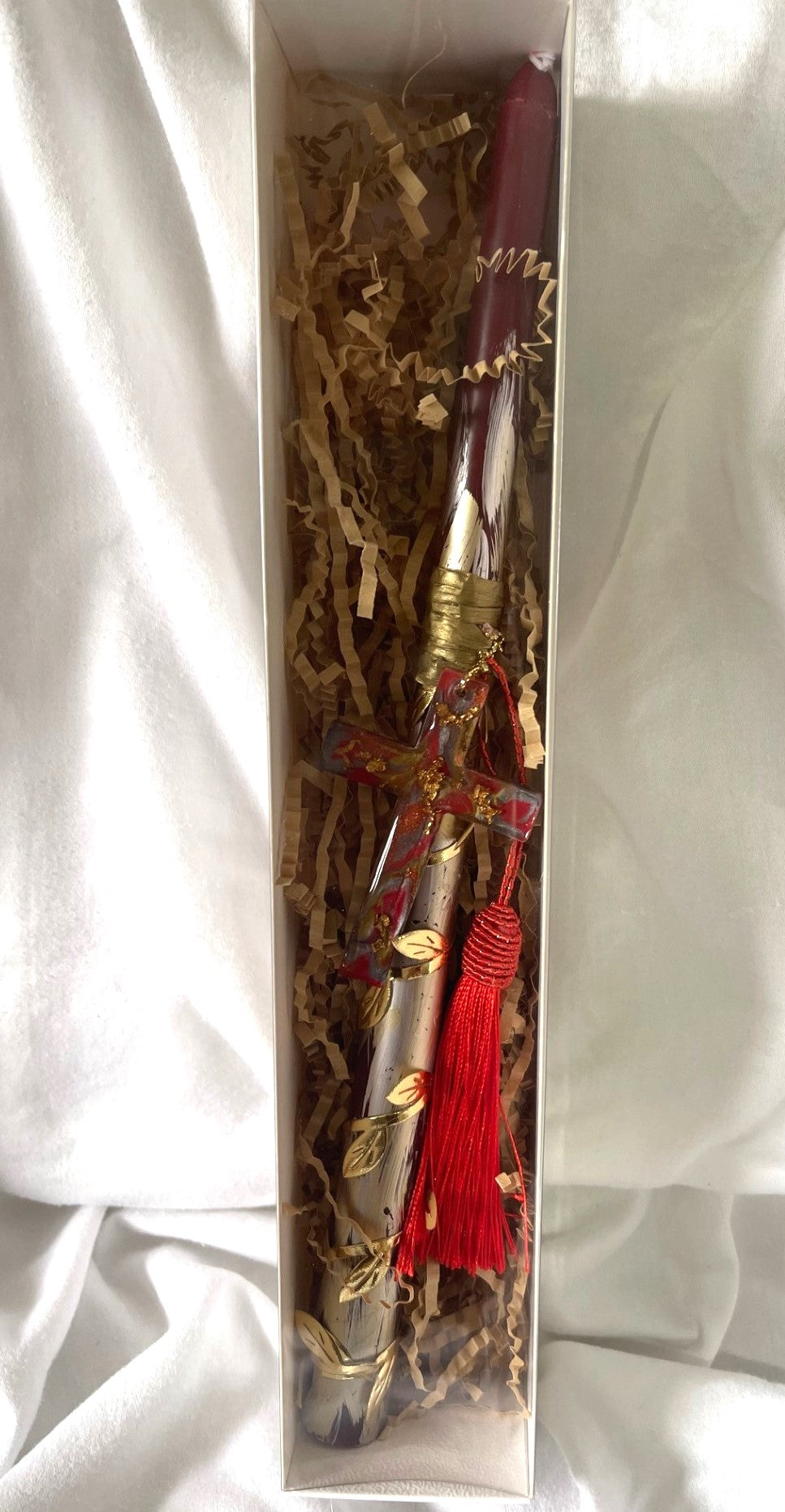Red Silver & Gold Cross Lambatha Orthodox Easter  Candle 30cm