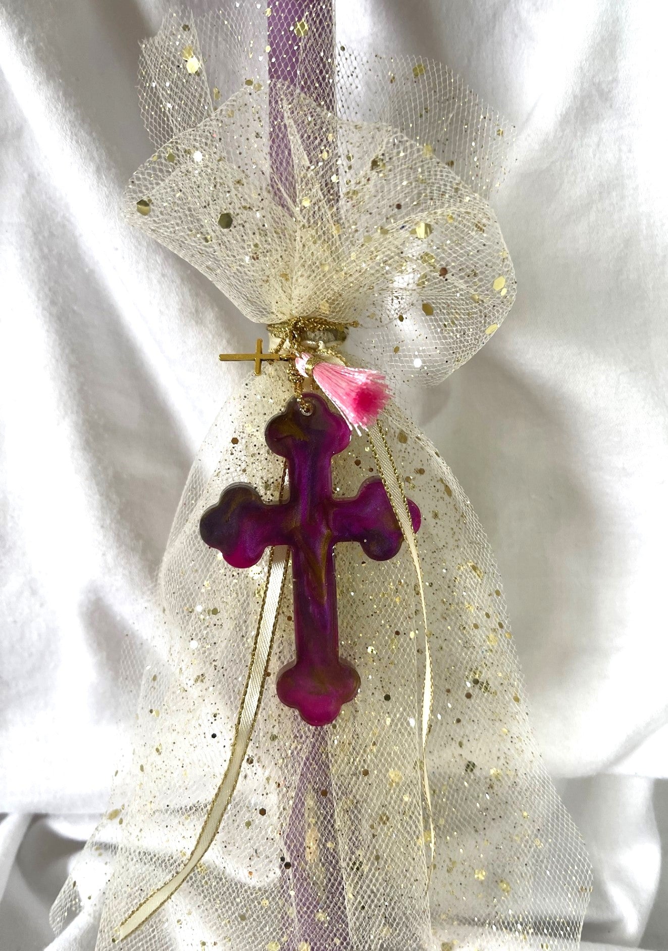 Purple Resin Cross Lambatha Orthodox Easter Candle 30cm