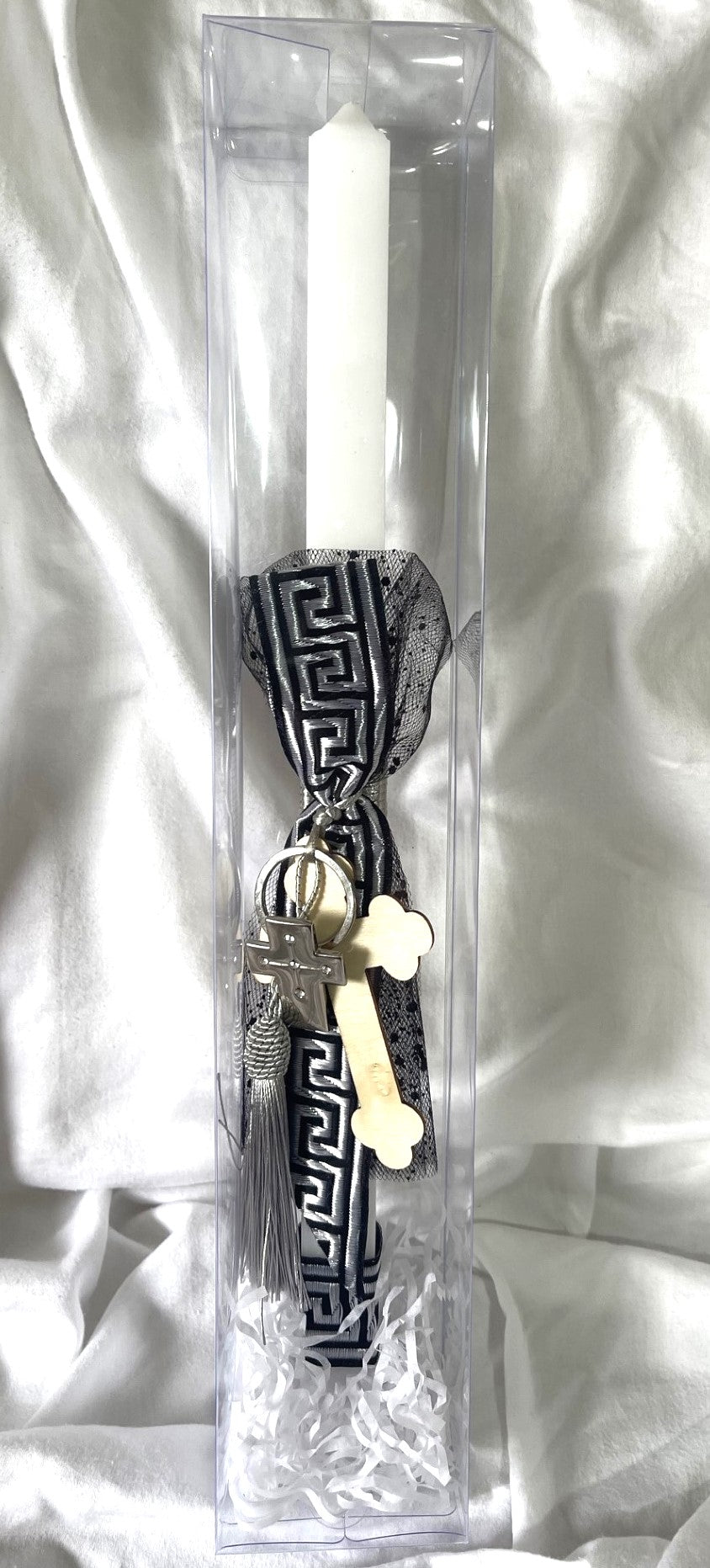 Grecian Cross (Silver/Black) Square Lambatha Orthodox Square Easter Candle 40cm (LARGE)