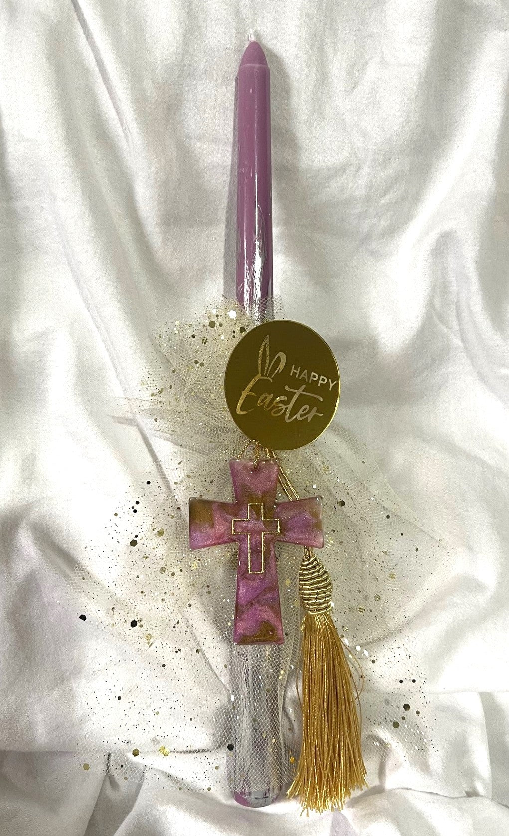 Pink Resin Cross Lambatha Orthodox Easter Candle 30cm