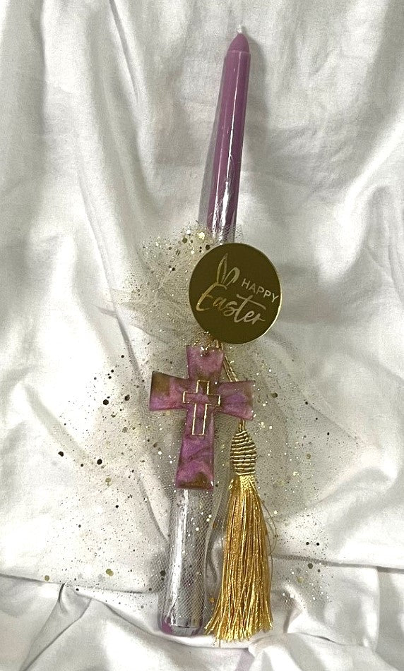 Pink Resin Cross Lambatha Orthodox Easter Candle 30cm