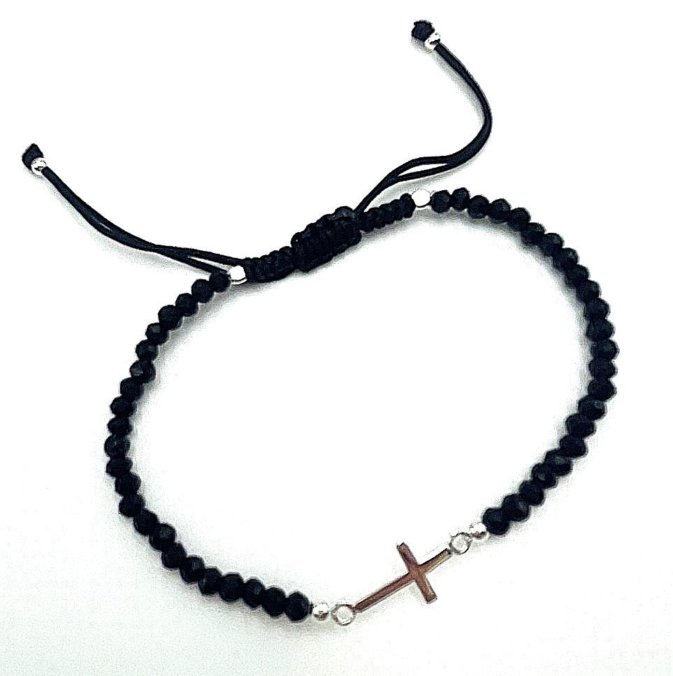 Black Crystal Side Cross adjustable Bracelet - 925 Sterling Silver