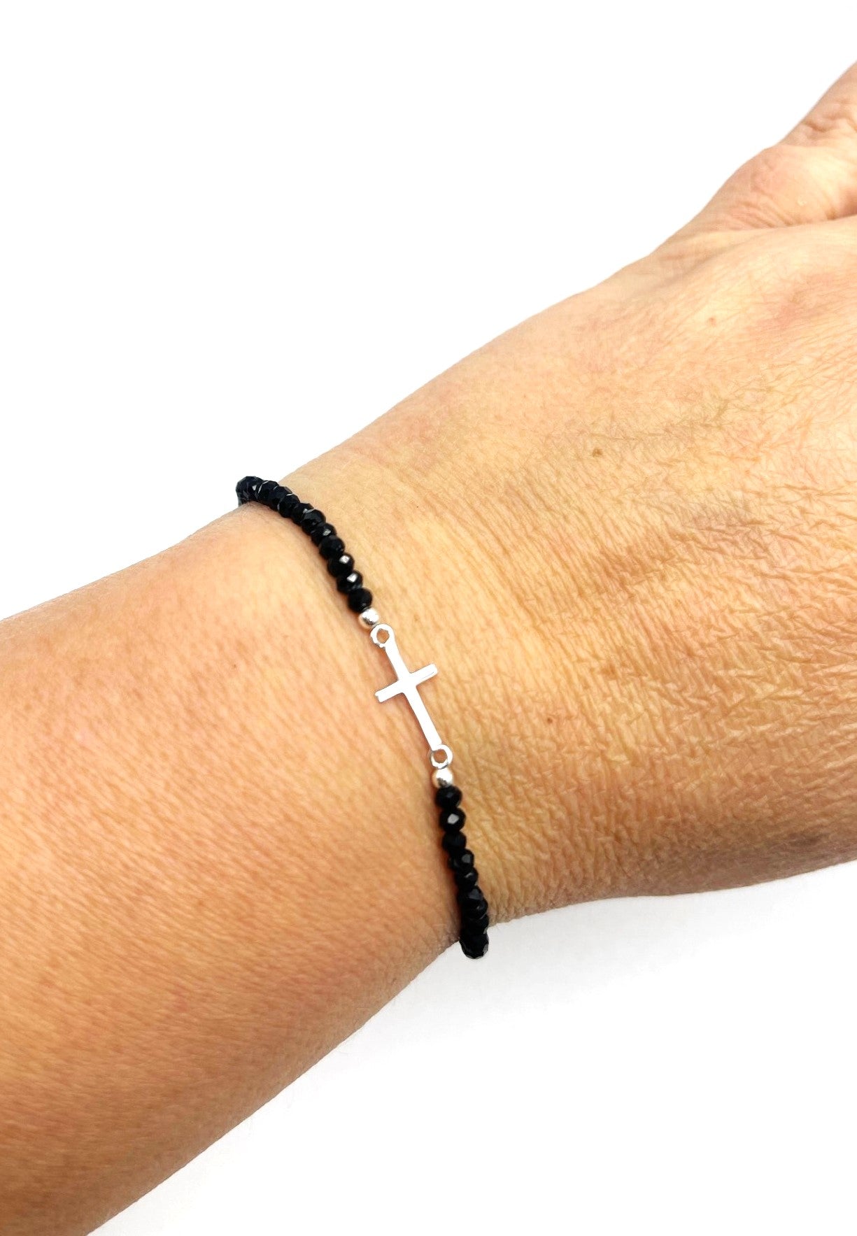 Black Crystal Side Cross adjustable Bracelet - 925 Sterling Silver