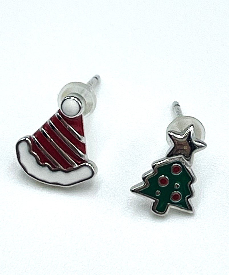Santa Hat & Christmas Tree Studs - 925 Sterling Silver