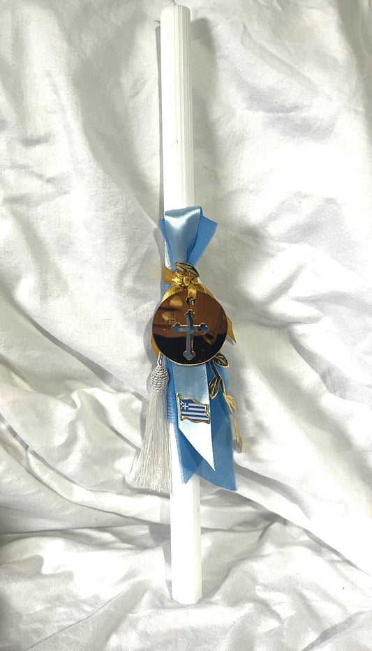 Hellenic Flag & Cross (Gold/ Blue) Lambatha Orthodox Easter Candle 40cm (LARGE)