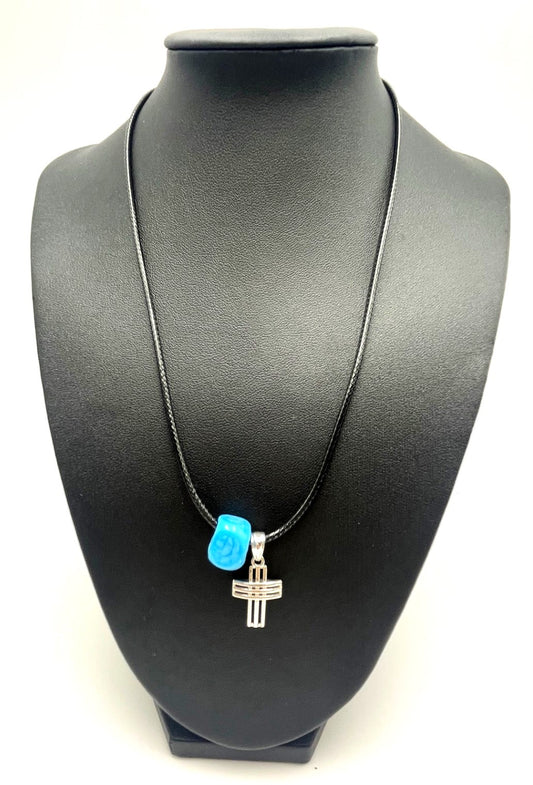 Cross/Blue Bead Cord Necklace (Unisex) 925 Sterling Silver