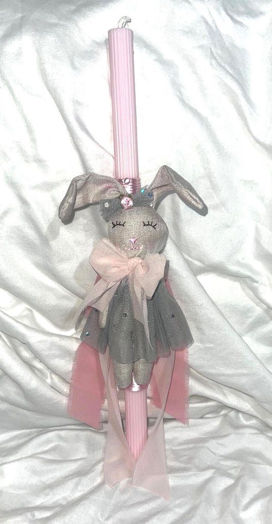 Stuffed Bunny (Pink/Grey) Lambatha Orthodox Easter Candle 40cm (LARGE)