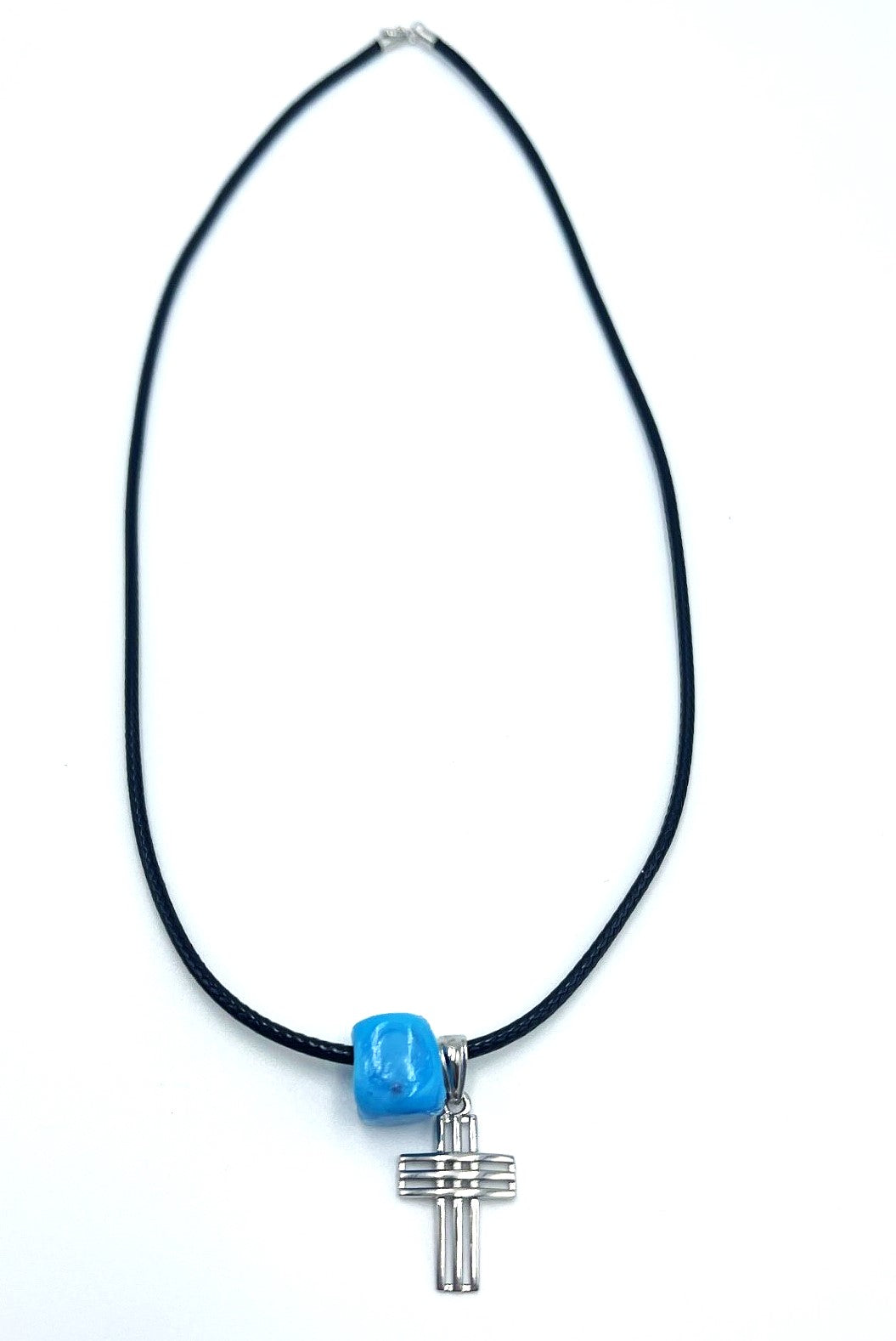 Cross/Blue Bead Cord Necklace (Unisex) 925 Sterling Silver