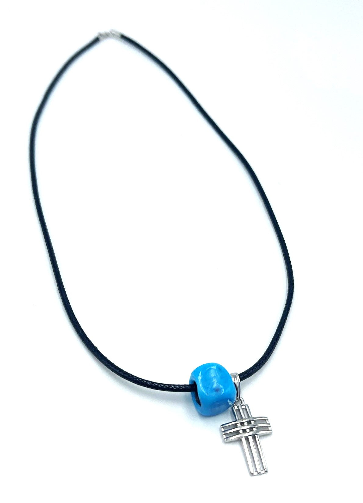 Cross/Blue Bead Cord Necklace (Unisex) 925 Sterling Silver