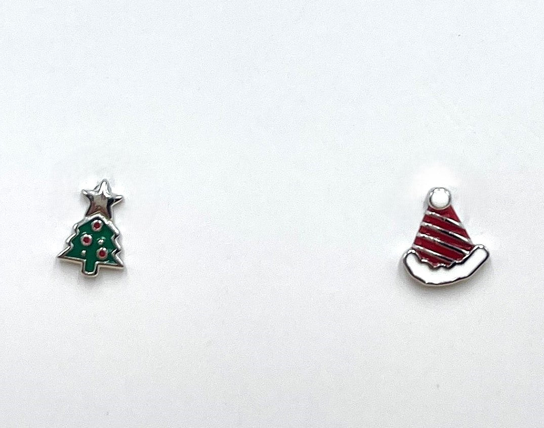 Santa Hat & Christmas Tree Studs - 925 Sterling Silver