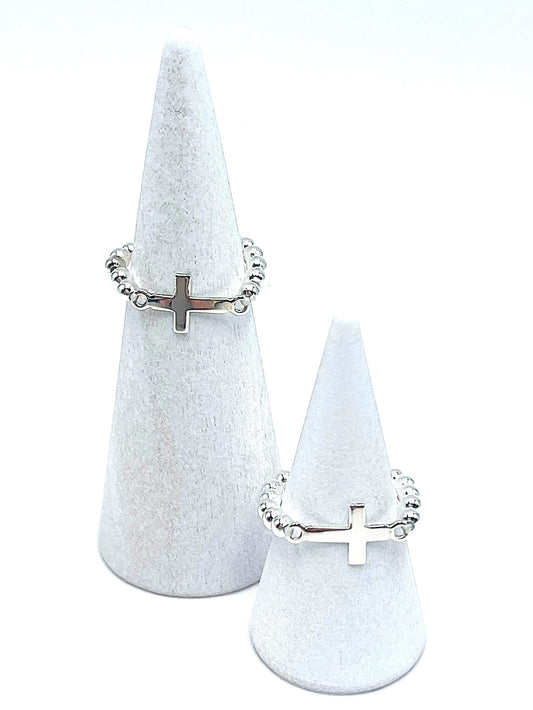 Beaded Cross Ring (Expandable) -  925 Sterling Silver