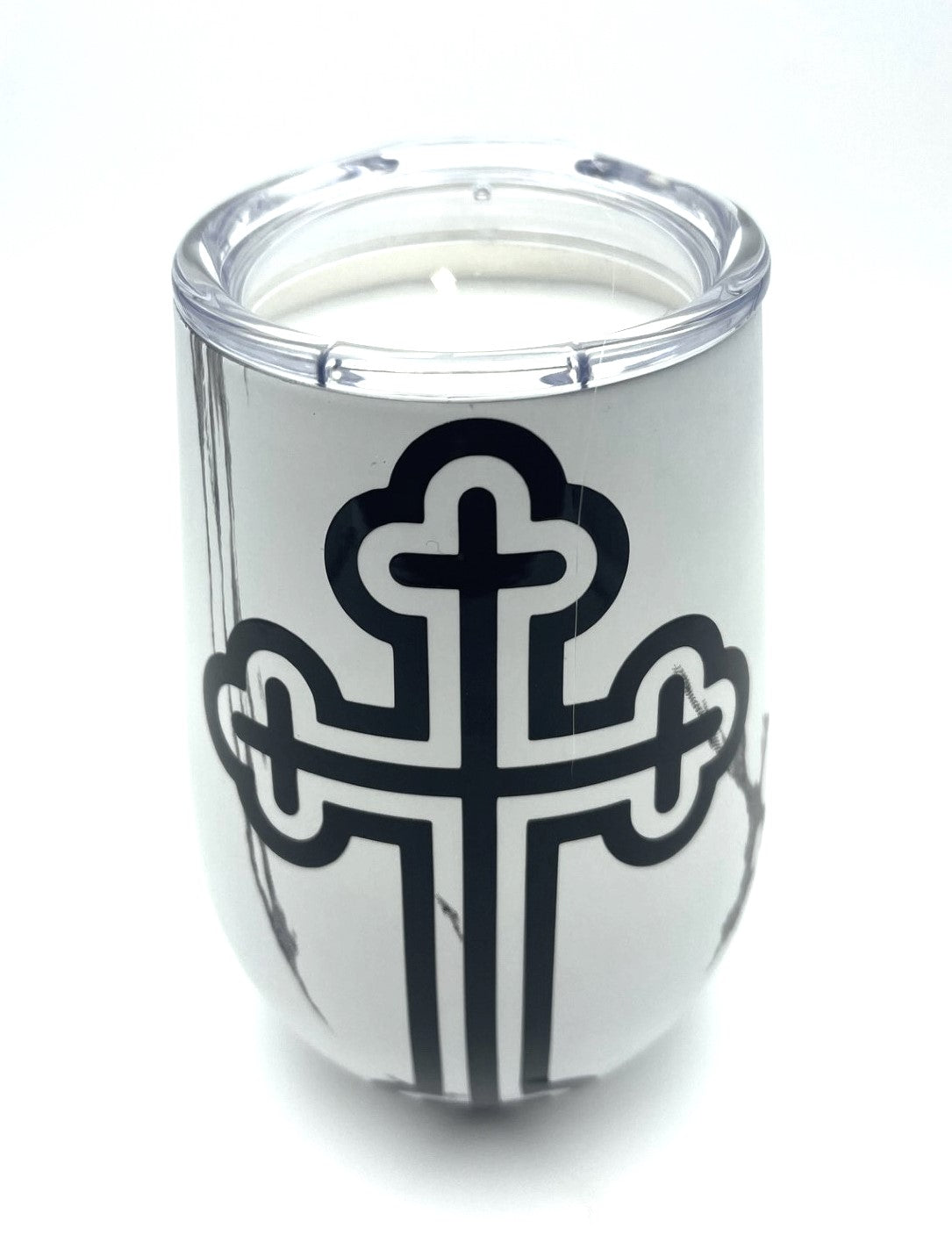 Religious Candle in Mug - Black Cross (White Marble) (J'Adore inspired)