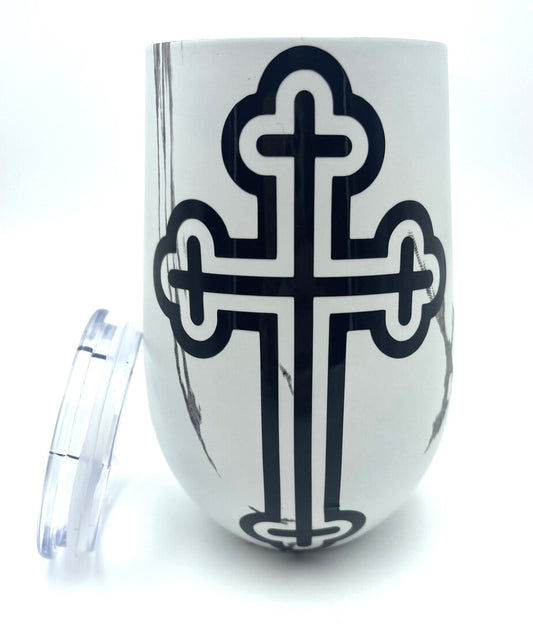 Religious Candle in Mug - Black Cross (White Marble) (J'Adore inspired)