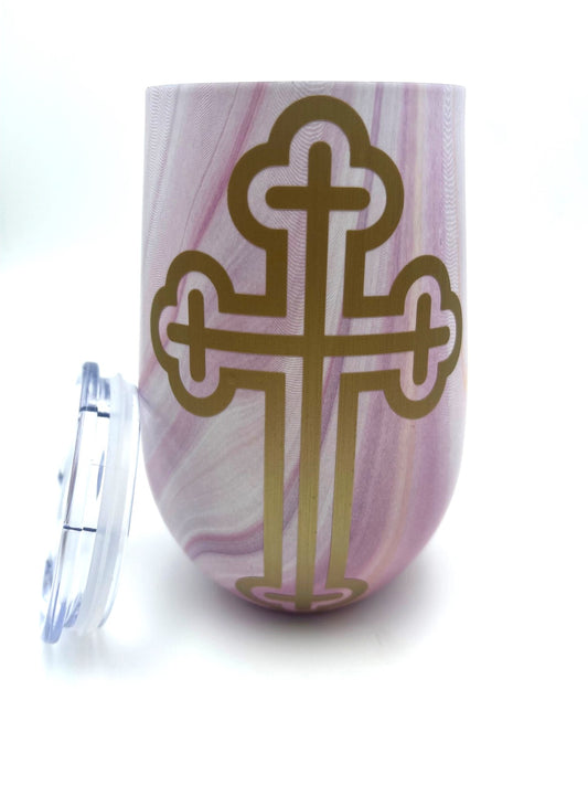 Religious Candle in Mug - Gold Cross (Pink Swirl) (Baccarat Rouge scent inspired)