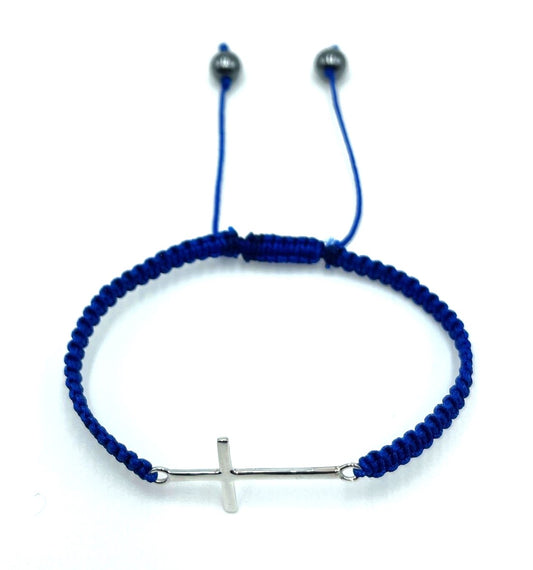 Blue Cross Woven Bracelet - Large (Unisex) - 925 Sterling Silver