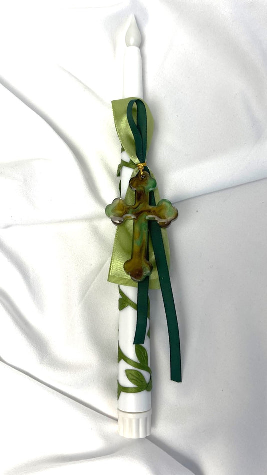 Flameless Battery Easter Candle - Green Cross - Lambathes / Palm Sunday 28cm (SMALL)