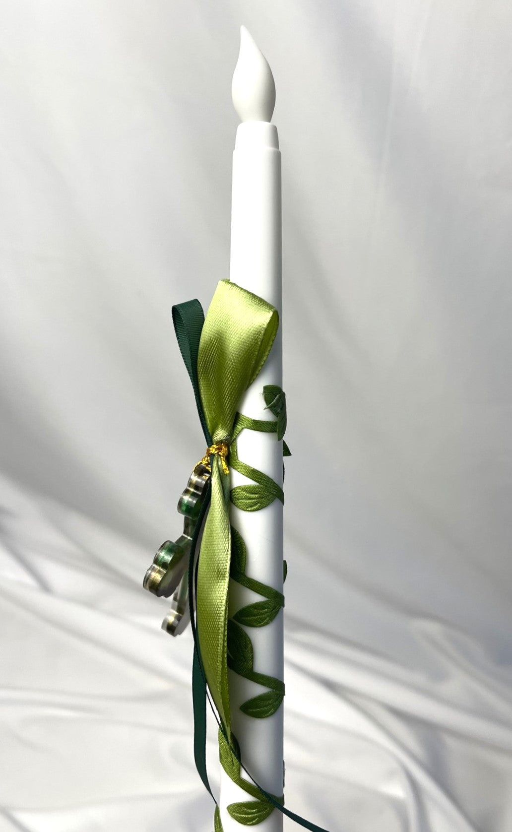 Flameless Battery Easter Candle - Green Cross - Lambathes / Palm Sunday 28cm (SMALL)