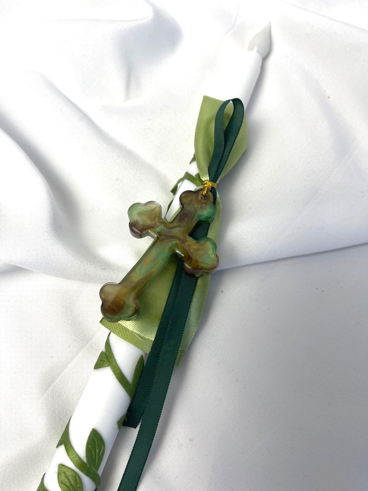 Flameless Battery Easter Candle - Green Cross - Lambathes / Palm Sunday 28cm (SMALL)