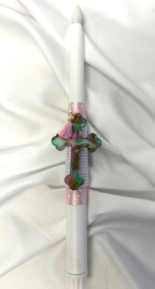 Flameless Battery Easter Candle - Pink/Aqua Resin Cross - Lambathes / Palm Sunday 28cm (SMALL)